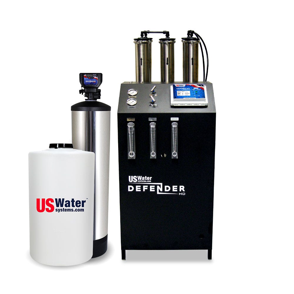 The US Water Systems Inc Defender Commercial RO System (2000-16000 GPD) is an eco-friendly unit with a white tank, control panel, gauges, and meters for sustainable water management.