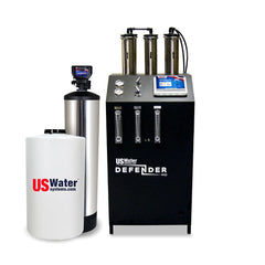 The US Water Systems Inc Defender Commercial RO System (2000-16000 GPD) is an eco-friendly unit with a white tank, control panel, gauges, and meters for sustainable water management.