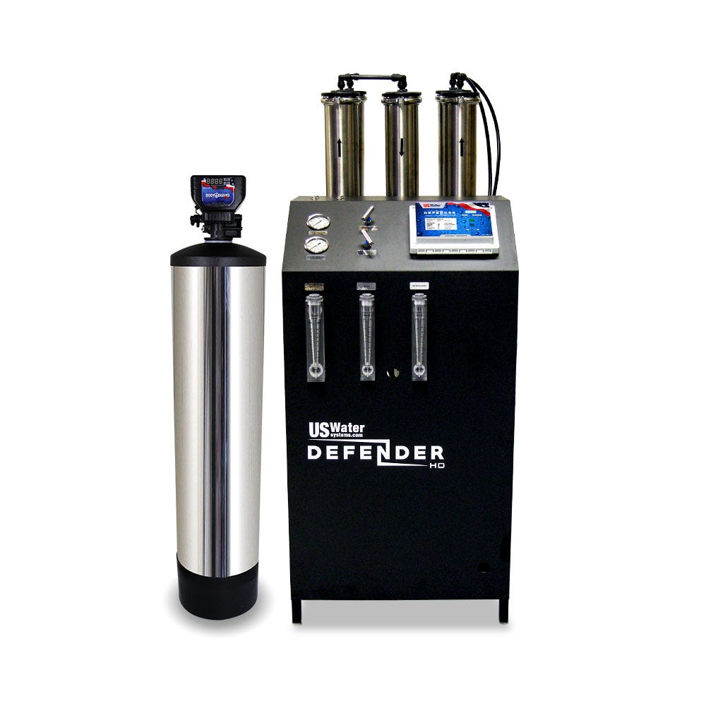 Introducing the eco-friendly Defender Commercial RO System by US Water Systems Inc, providing 2000 - 16000 GPD. Featuring a tall cylindrical tank and sleek rectangular unit with gauges and tubes, this sustainable solution delivers pure water while protecting our planets future.