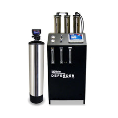 Introducing the eco-friendly Defender Commercial RO System by US Water Systems Inc, providing 2000 - 16000 GPD. Featuring a tall cylindrical tank and sleek rectangular unit with gauges and tubes, this sustainable solution delivers pure water while protecting our planets future.