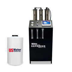 The eco-friendly Defender Commercial RO System by US Water Systems Inc. offers advanced filtration with three canisters and gauges, and a white cylindrical tank labeled USWaterSystems.com, perfect for anyone seeking sustainable clean water technology solutions.