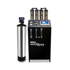 Introducing the eco-friendly Defender Commercial RO System by US Water Systems Inc, featuring a tall cylindrical tank and control unit with gauges and tubes. Its perfect for those seeking a sustainable solution, ensuring pure water with minimal environmental impact. Available in 2000 - 16000 GPD models.