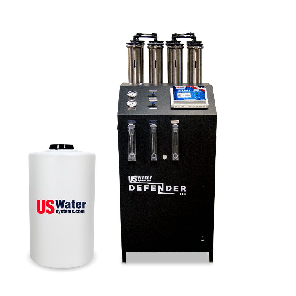 The eco-friendly Defender Commercial RO System by US Water Systems, with a sleek black unit and white cylindrical tank, ensures clean, sustainable water for your business needs.