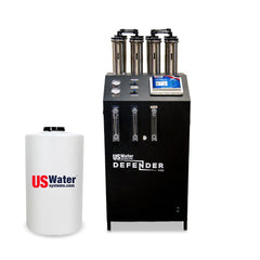 The eco-friendly Defender Commercial RO System by US Water Systems, with a sleek black unit and white cylindrical tank, ensures clean, sustainable water for your business needs.