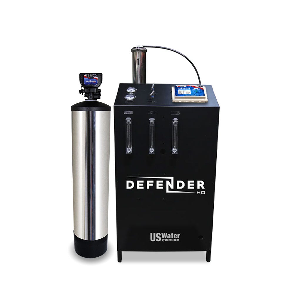 The Defender Commercial RO System by US Water Systems Inc features a black design with a tall cylindrical tank on the left and an eco-friendly control box on the right, supporting sustainable water purification.