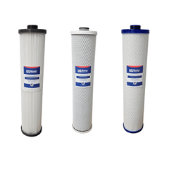 Three US Water Systems Magna Compact Filter System Replacement Pack - Interceptor filters are shown upright on a white background, each featuring unique end caps and filter textures—perfect for your Magna Compact system.