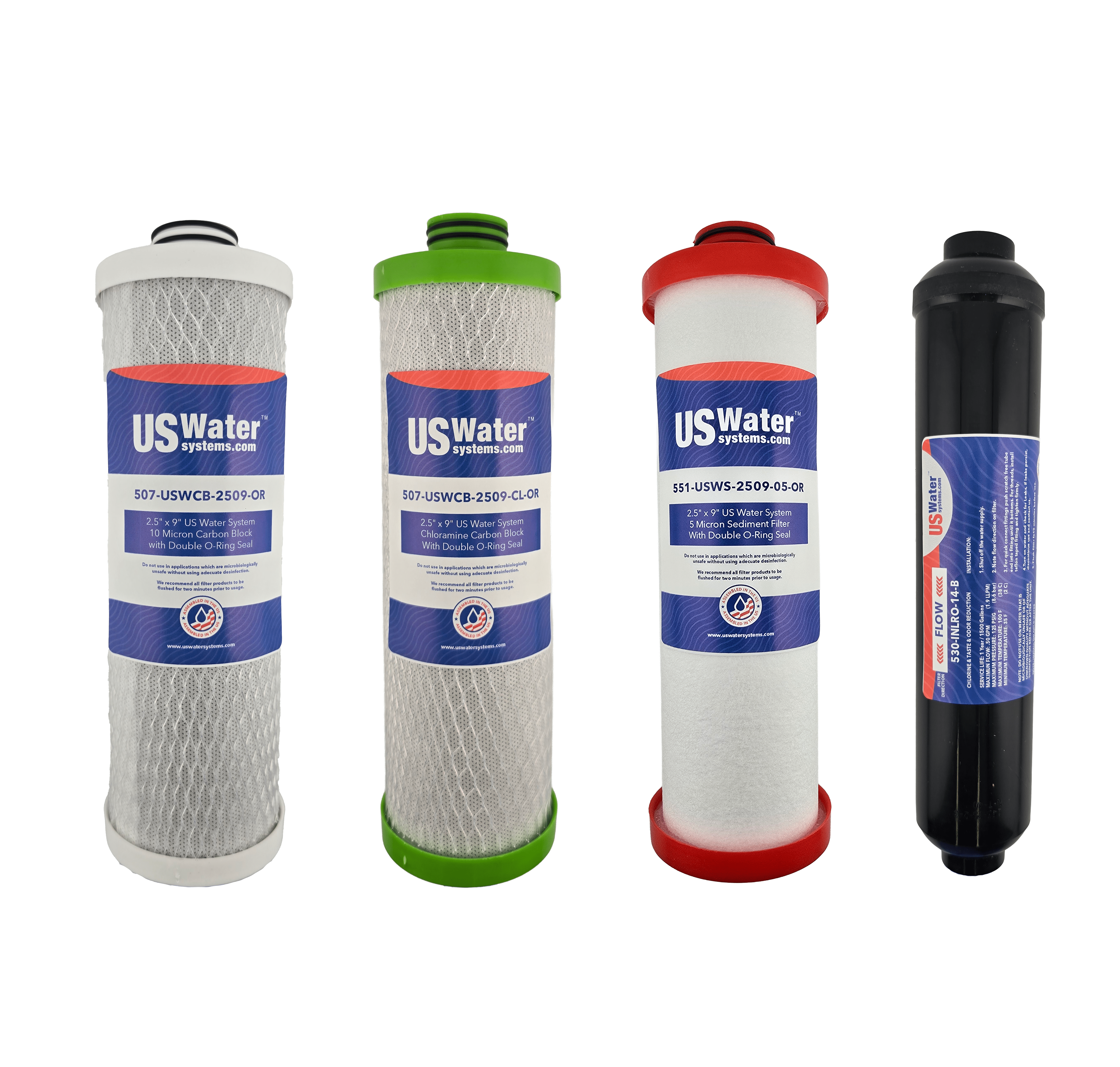 US Water Systems Inc American Made (All-American) 5-stage R/O Filter Pack features four upright cartridges with white, green, red, and black end caps against a white background—ideal for your five-stage filter system.