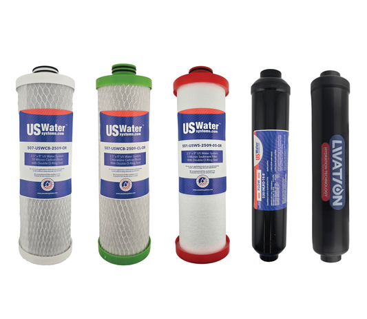 The US Water Systems Inc American Made (All-American) 6-stage R/O Filter Pack, containing six different cartridges, is neatly arranged in a row against a white background. 4600