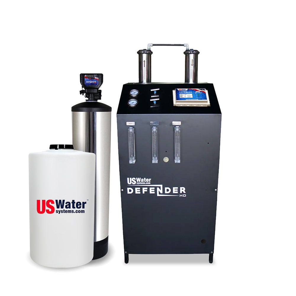 The Defender Commercial RO System by US Water Systems Inc, featuring a cylindrical tank and rectangular unit, provides an eco-friendly water purification solution. Ideal for sustainable living, it integrates seamlessly into commercial RO systems with capacities from 2,000 to 16,000 GPD.