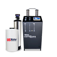 The Defender Commercial RO System by US Water Systems Inc, featuring a cylindrical tank and rectangular unit, provides an eco-friendly water purification solution. Ideal for sustainable living, it integrates seamlessly into commercial RO systems with capacities from 2,000 to 16,000 GPD.