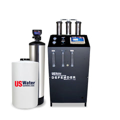 The eco-friendly Defender Commercial RO System by US Water Systems Inc features cylindrical tanks and a US Water Defender HD control panel, ideal for modern needs.