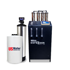 The Defender Commercial RO System by US Water Systems Inc is an eco-friendly filtration system with cylindrical tanks and a digital display, ideal for sustainable living.
