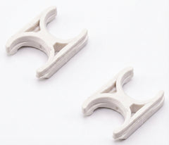 The US Water Systems Inc 2" Dual In-Line RO Mounting Clip (2-Pack) | DC2000W features two identical white plastic “C”-shaped clips, ideal for securely mounting RO system membranes. Shown here on a plain white background.