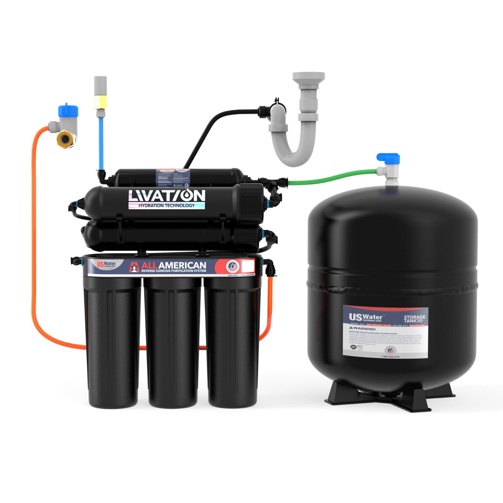 The American Made Reverse Osmosis System by US Water Systems features American-quality design with connected tubes, filter cartridges, a storage tank, and plumbing fixtures.