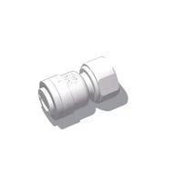 The US Water Systems G A Murdock 3/8" Quick Connect x 7/16 UNS Faucet Connector Fitting is a white plastic push-to-connect fitting for refrigerator water lines, shown with a hexagonal end on a plain white background.