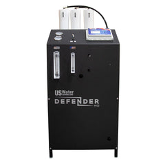 The DEFENDER Commercial Brackish Water RO System by US Water Systems Inc (4,000–8,000 GPD) features gauges, flow meters, and a control panel on the front; made in the USA and built for heavy-duty commercial use.