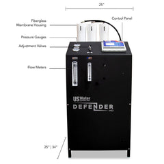 Front view of the DEFENDER Commercial Brackish Water RO System by US Water Systems Inc (4,000-8,000 GPD), made in the USA with labeled control panel, fiberglass membrane housing, pressure gauges, adjustment valves, and flow meters.
