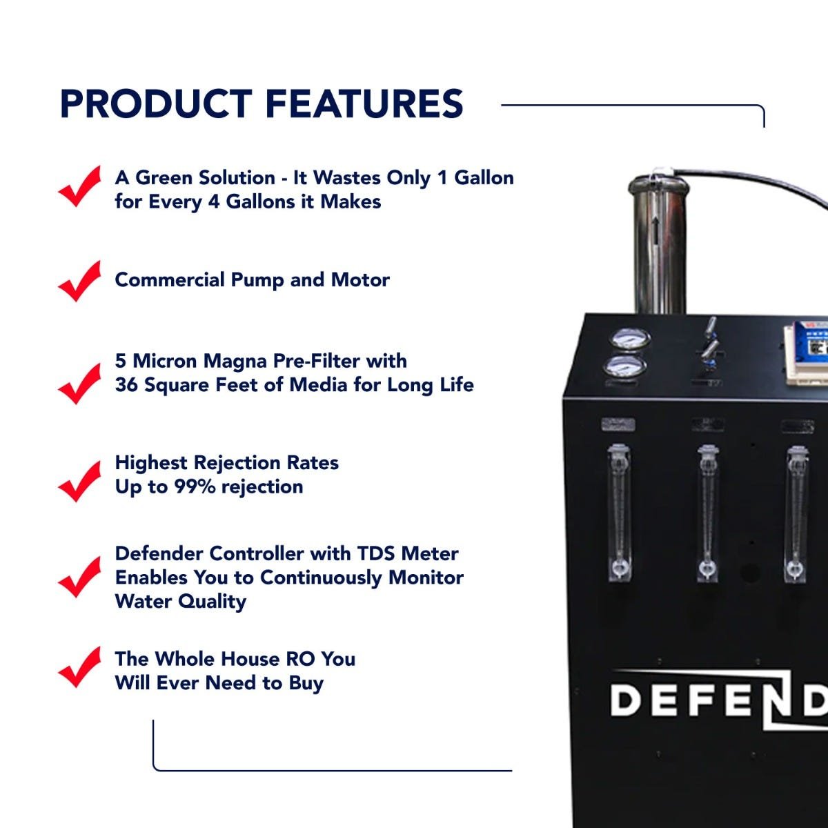Image showcasing the Defender Commercial RO System by US Water Systems, highlighting its eco-friendly components and efficiency with features like rejection rates and a TDS meter for sustainable water quality monitoring; suitable for 2000 - 16000 GPD.