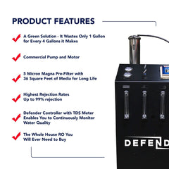 Image showcasing the Defender Commercial RO System by US Water Systems, highlighting its eco-friendly components and efficiency with features like rejection rates and a TDS meter for sustainable water quality monitoring; suitable for 2000 - 16000 GPD.