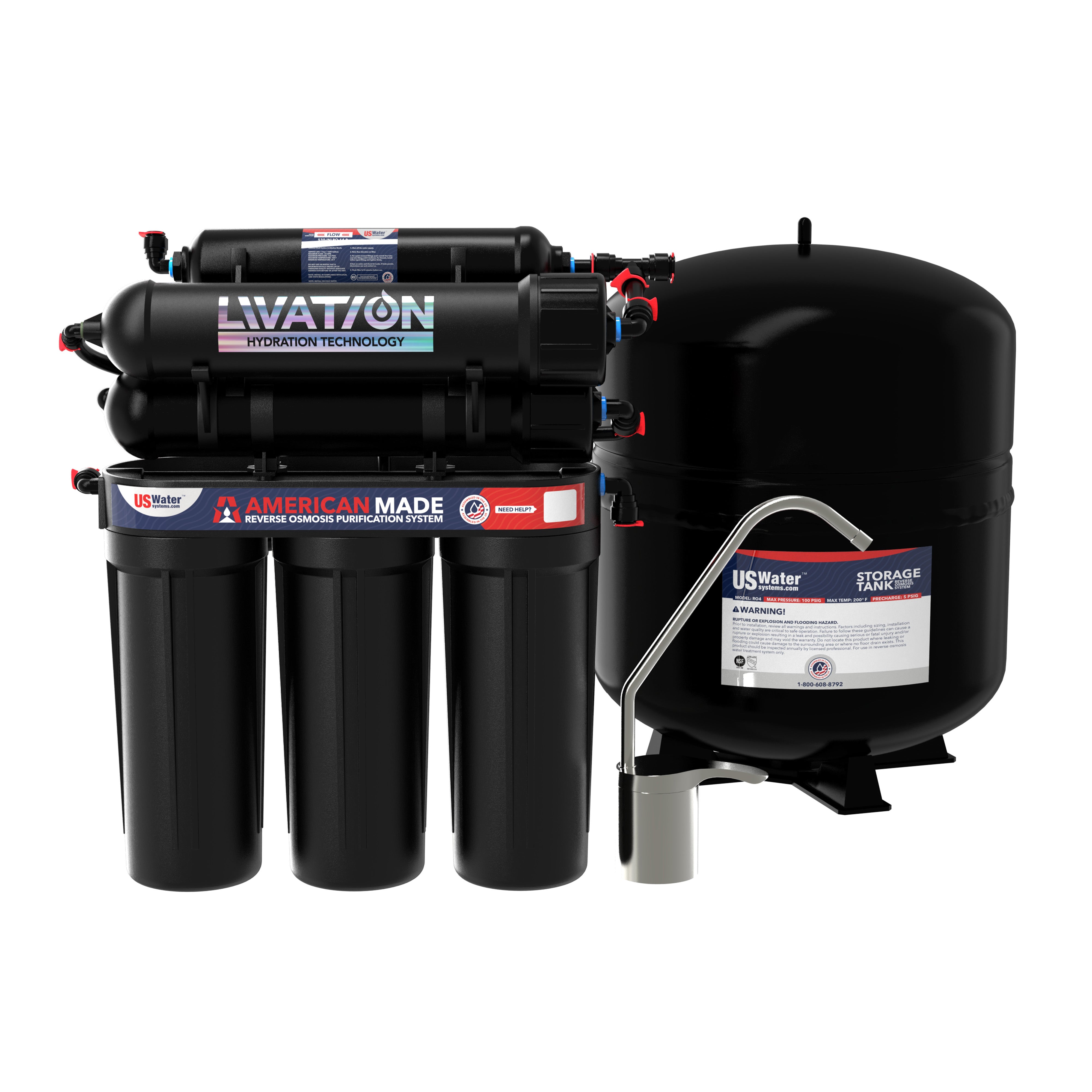 The American Made Reverse Osmosis System by US Water Systems features three vertical filter canisters, three horizontal units, a storage tank, and a metal faucet for advanced water filtration.