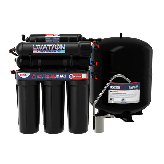 The American Made Reverse Osmosis System by US Water Systems features three vertical filter canisters, three horizontal units, a storage tank, and a metal faucet for advanced water filtration. 4000