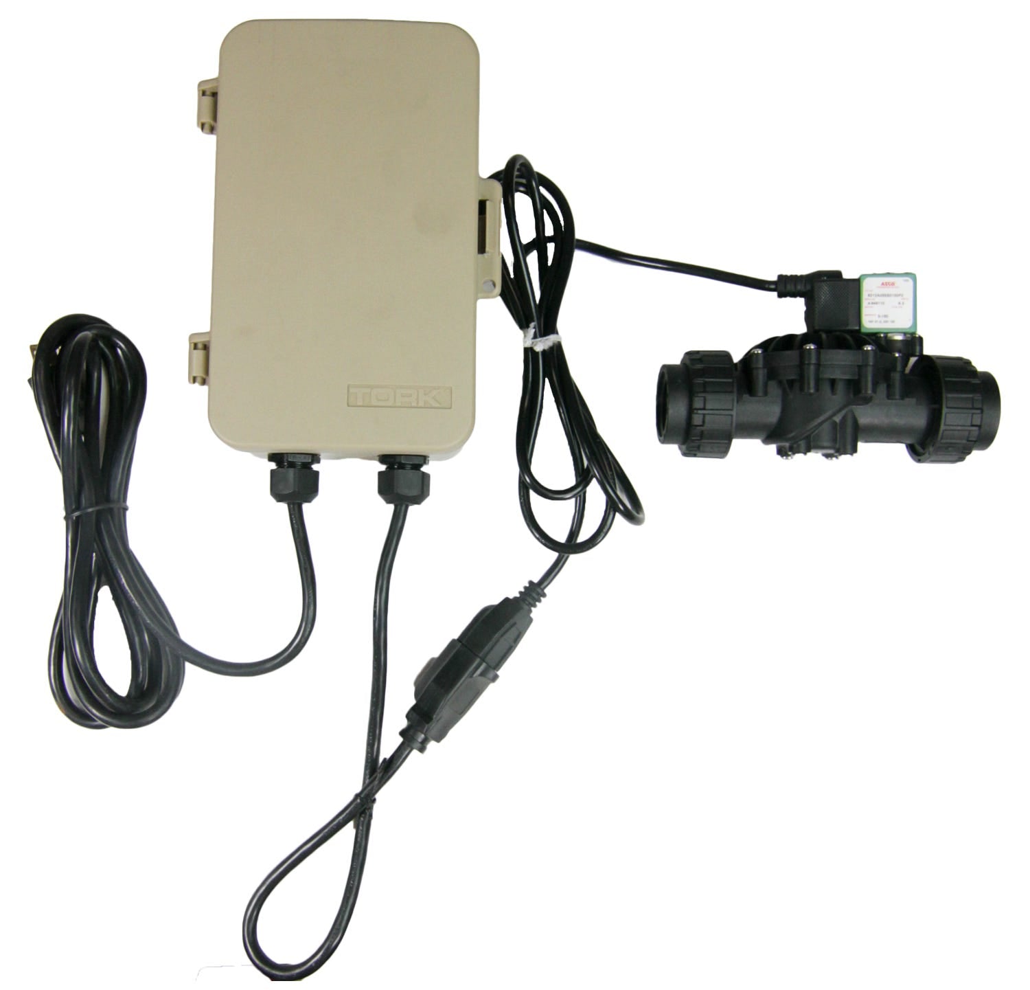 A US Water Systems Inc Auto-flush Timer and Solenoid Valve with electrical cords connects to a black plastic water valve and flow sensor assembly for timer-controlled recirculation.