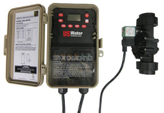 A US Water Systems Inc Auto-flush Timer and Solenoid Valve is wall-mounted with wiring connected to the timer-controlled valve.