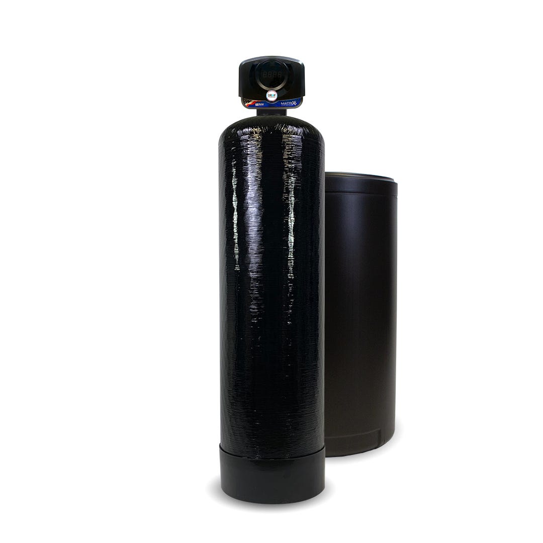 A US Water Systems Inc Matrixx-Drop 1.25" Wifi Enabled Water Softener with a digital head stands next to a matching brine tank.