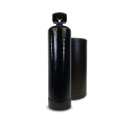 A US Water Systems Inc Matrixx-Drop 1.25" Wifi Enabled Water Softener with a digital head stands next to a matching brine tank.