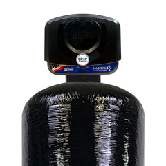 The US Water Systems Inc Matrixx-Drop 1.25" Wifi Enabled Water Softener is a black tank with a digital control head and visible display screen on top, featuring advanced wifi connectivity for convenient monitoring and control.