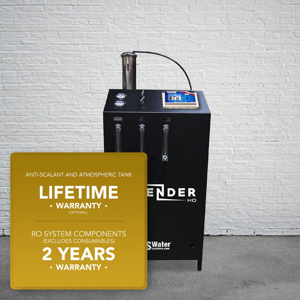 The Defender Commercial RO System by US Water Systems, set against a white brick wall, includes a Lifetime Warranty for the anti-scalant and atmospheric tank, plus a 2-Year Warranty for its components. This eco-friendly design offers exceptional performance and reliability.