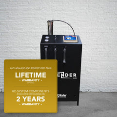 The Defender Commercial RO System by US Water Systems, set against a white brick wall, includes a Lifetime Warranty for the anti-scalant and atmospheric tank, plus a 2-Year Warranty for its components. This eco-friendly design offers exceptional performance and reliability.
