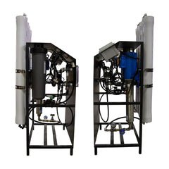 Two DEFENDER Commercial Brackish Water RO Systems by US Water Systems Inc (4,000–8,000 GPD) with pipes, tanks, and control panels are positioned side by side on metal frames against a white background.