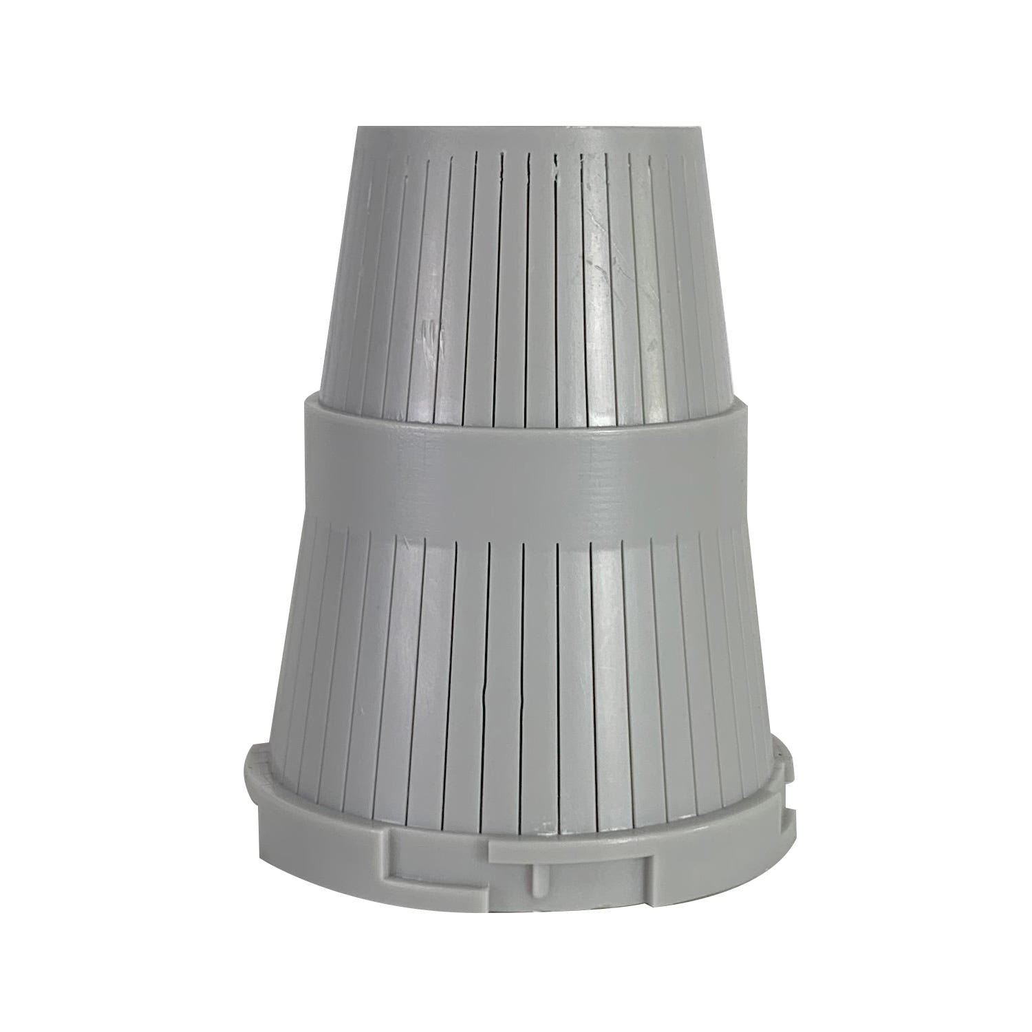 The US Water Systems Inc 1.05 Upper Distributor Basket for Water Softener or Filter is a gray plastic cylindrical filter with vertical slits, wider at the base, fitting most water softeners with a 1.05 O.D. distributor.