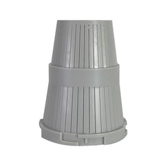 The US Water Systems Inc 1.05 Upper Distributor Basket for Water Softener or Filter is a gray plastic cylindrical filter with vertical slits, wider at the base, fitting most water softeners with a 1.05 O.D. distributor.
