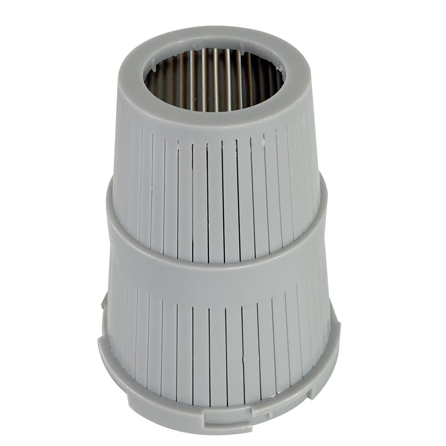 The US Water Systems Inc 1.05 Uppe Distributor Basket is a gray plastic cylindrical filter with vertical slits and a hollow center, designed for water softeners or filters and fits most models with a 1.05 O.D. distributor.