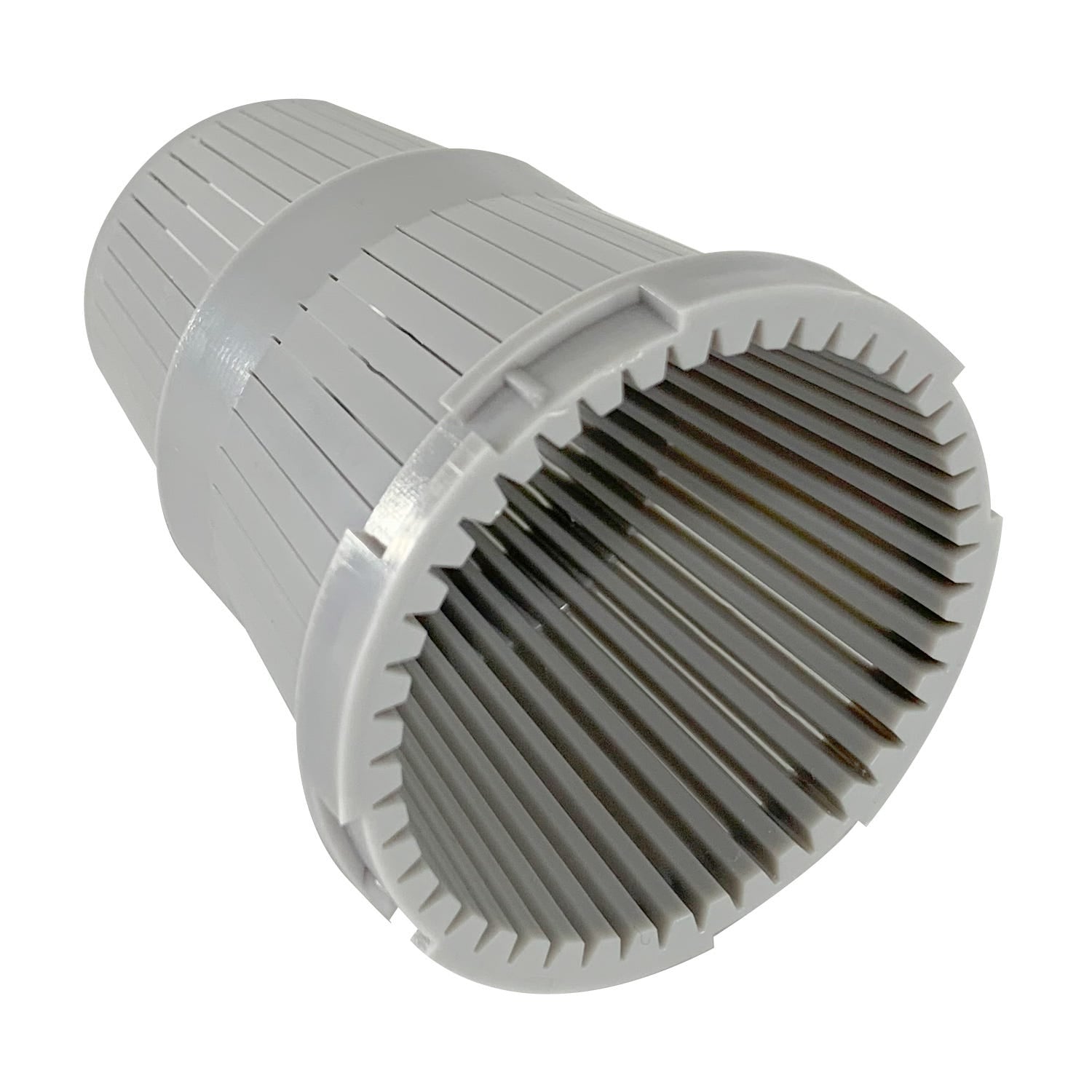 The US Water Systems Inc 1.05 Upper Distributor Basket is a cylindrical gray plastic filter with vertical slats, designed for water softeners or filters using a 1.05 O.D. distributor.