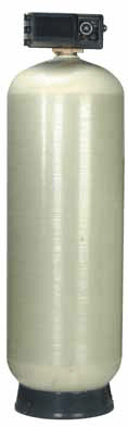 The US Water Systems Inc US Water Backwashing GAC Carbon Filter 2 Inch (28-64GPM) is a tall cylindrical tank with a top control valve, set on a dark base. It features activated carbon for improved de-chlorination.