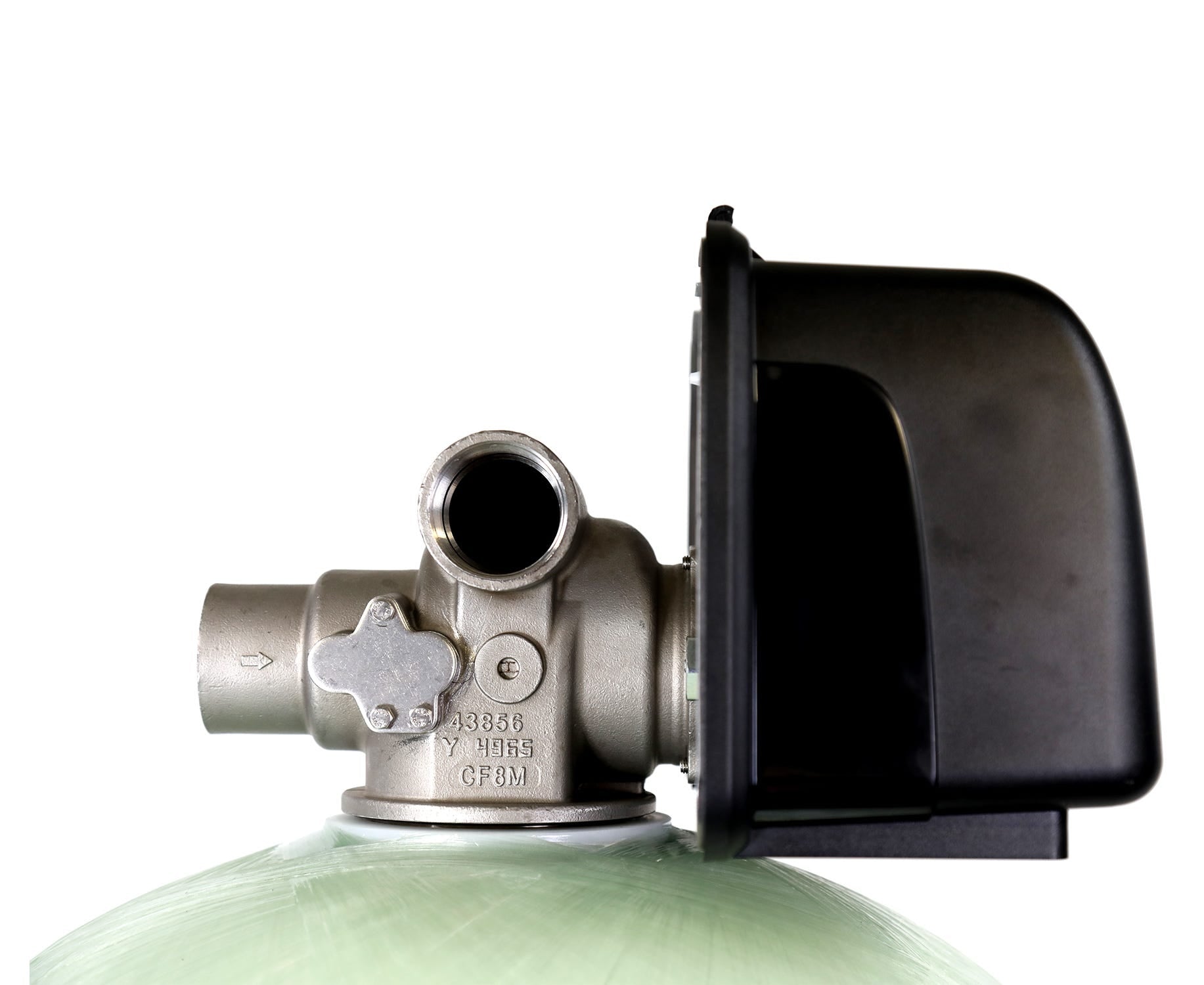 Close-up of a metal valve on a cylindrical tank with a black cover against a white background, showcasing the US Water Backwashing Carbon Filter (1.5 Inch | 10-30 GPM) by US Water Systems Inc., utilizing Granular Activated Carbon for efficient chlorine removal.