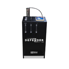 The eco-friendly Defender Commercial RO System by US Water Systems Inc, available in 2000 - 16000 GPD capacities, features three flow meters, a pressure gauge, and a display screen on top for efficient performance.