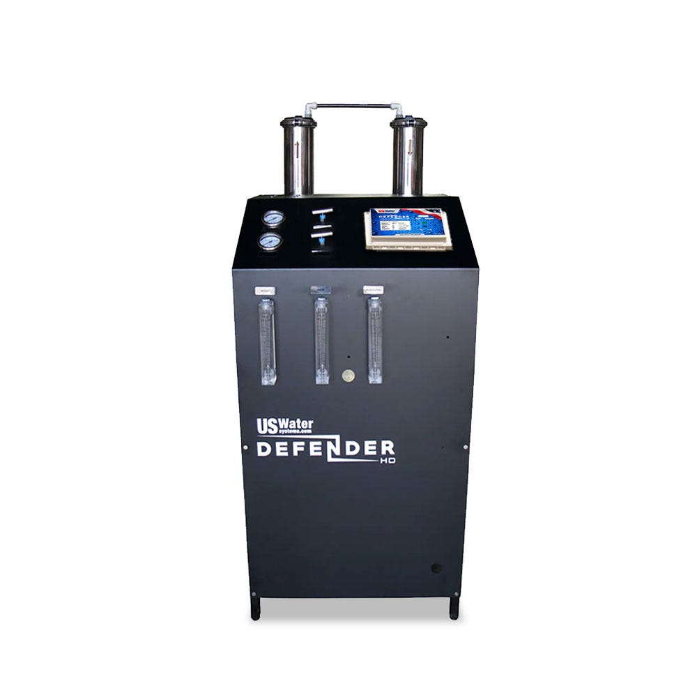 The Defender Commercial RO System by US Water Systems Inc is an upright, sustainable black water treatment system equipped with gauges, offering efficient performance and prioritizing environmental responsibility for 2000 - 16000 GPD.