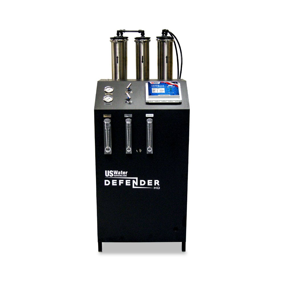 The sustainable Defender Commercial RO System by US Water Systems features transparent top filters with front gauges and controls, ideal for eco-friendly or commercial use, offering 2000 - 16000 GPD.