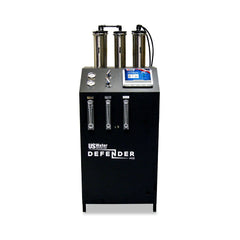 The sustainable Defender Commercial RO System by US Water Systems features transparent top filters with front gauges and controls, ideal for eco-friendly or commercial use, offering 2000 - 16000 GPD.