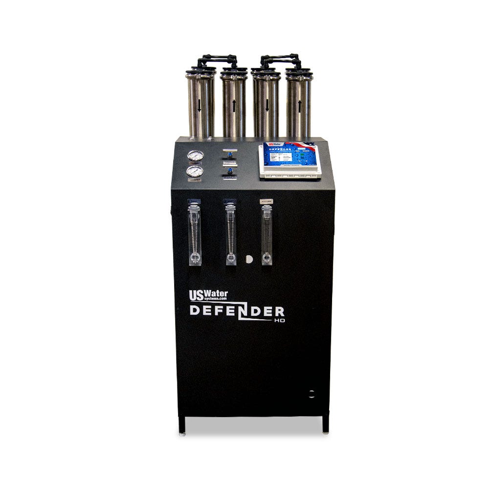 The eco-friendly Defender Commercial RO System by US Water Systems Inc, offering 2000 - 16000 GPD, features front panel dials and meters, providing a sustainable clean water management solution.