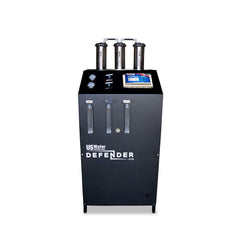 The black Defender Commercial RO System by US Water Systems Inc features an eco-friendly design with three vertical filters and top control gauges, making it a sustainable choice for those seeking a commercial RO system (2000 - 16000 GPD).