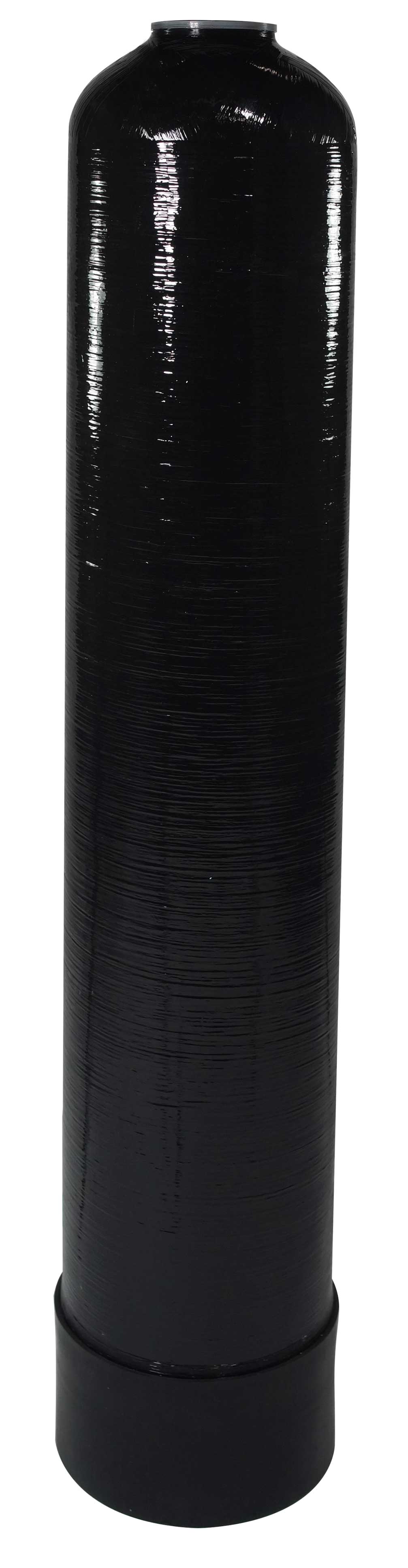 The US Water Systems RT14 Fiberglass Media Tank, measuring 14 x 65 inches with a 2.5 opening, is a tall black cylinder with a smooth surface and slightly wider base, offering durability and sleek design.