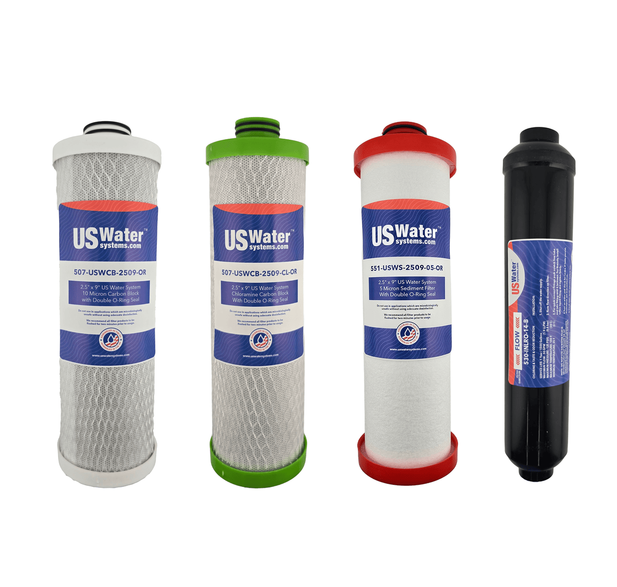 US Water Systems Inc American Made (All-American) 5-stage R/O Filter Pack features four upright cartridges with white, green, red, and black end caps against a white background—ideal for your five-stage filter system.