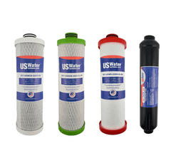 US Water Systems Inc American Made (All-American) 5-stage R/O Filter Pack features four upright cartridges with white, green, red, and black end caps against a white background—ideal for your five-stage filter system.