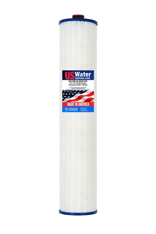 The US Water Interceptor 4.5 x 20 222 Filter Cartridge by US Water Systems Inc. is a white cylindrical filter with blue end caps and an electro-absorptive nanofiber technology. It has a U.S. flag label stating Made in America, along with the companys website and contact information. 1000