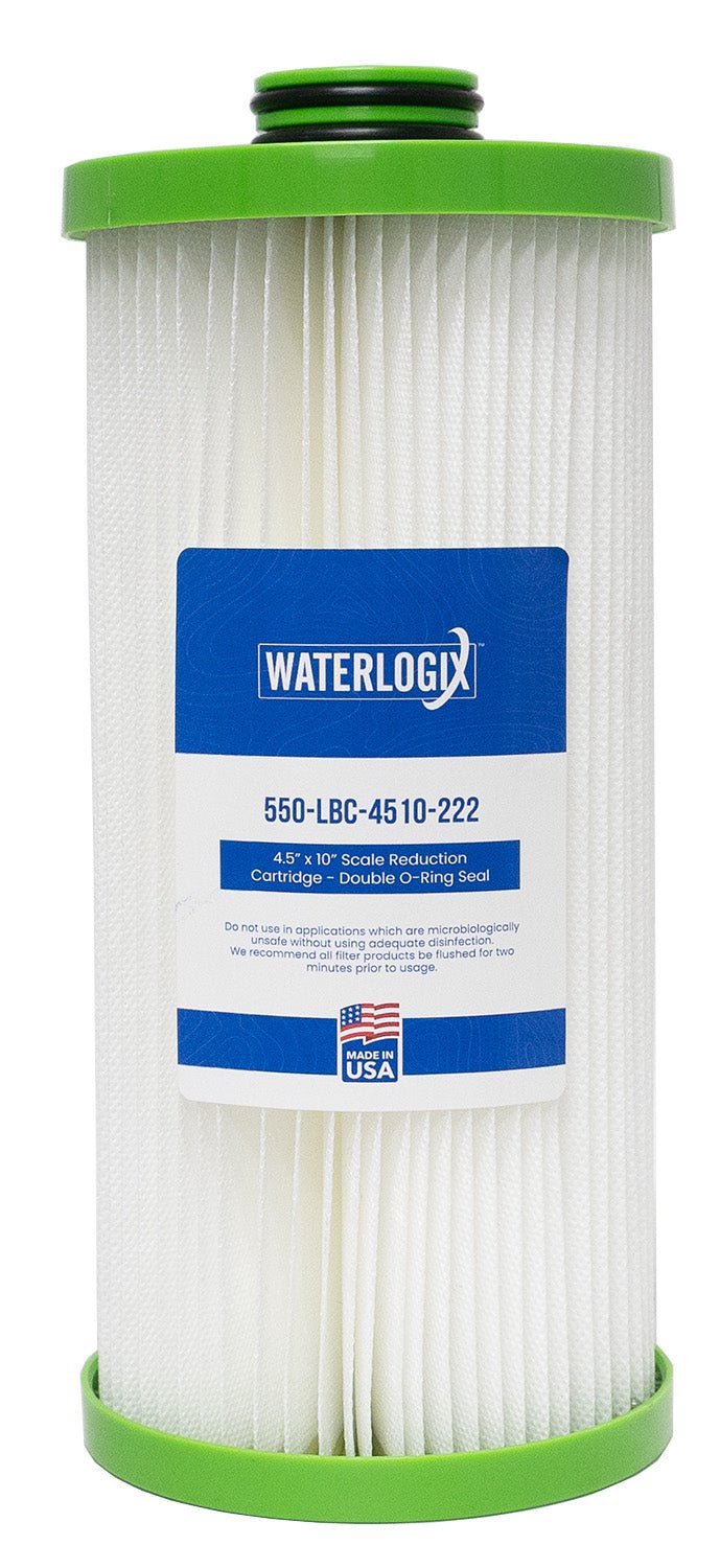 The US Water Systems Limeblaster 4.5" x 10" Replacement Cartridge by Waterlogix features a pleated white design with green end caps—made in the USA—for long-lasting, clean, safe drinking water.